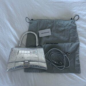 Balenciaga Small Hourglass Bag in Silver Crocodile